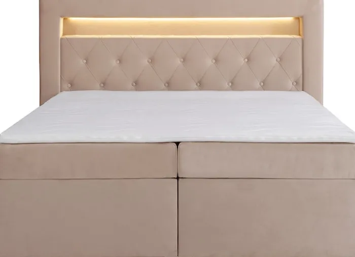 Łóżko kontynentalne 140x200 cm Goldess z pojemnikami i oświetleniem LED beżowe welwet