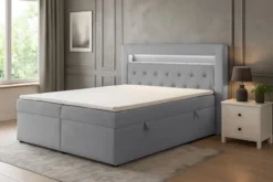 Łóżko kontynentalne 160x200 cm Goldess z pojemnikami i oświetleniem LED szare welwet