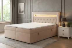 Łóżko kontynentalne 160x200 cm Goldess z pojemnikami i oświetleniem LED beżowe welwet