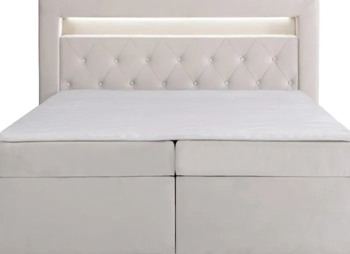 Łóżko kontynentalne 160x200 cm Goldess z pojemnikami i oświetleniem LED szarobeżowe welwet