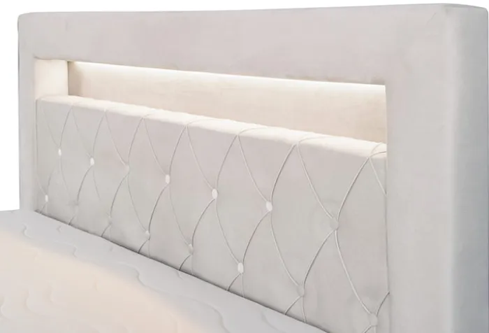 Łóżko kontynentalne 160x200 cm Goldess z pojemnikami i oświetleniem LED szarobeżowe welwet