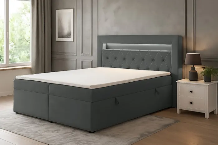Łóżko kontynentalne 180x200 cm Goldess z pojemnikami i oświetleniem LED ciemnoszare welwet