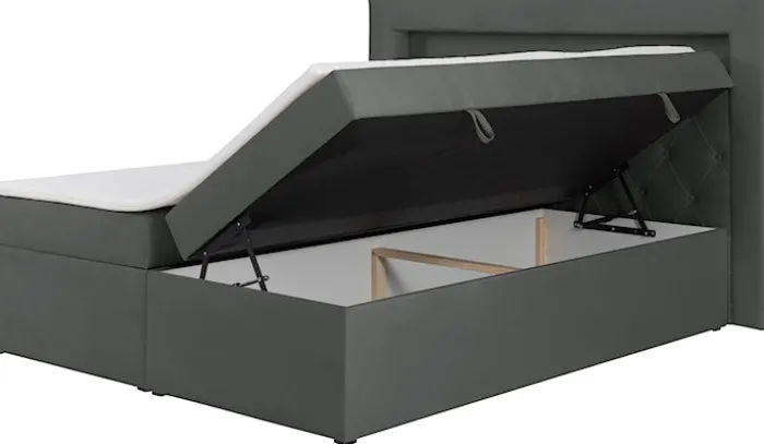 Łóżko kontynentalne 180x200 cm Goldess z pojemnikami i oświetleniem LED ciemnoszare welwet