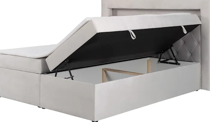 Łóżko kontynentalne 180x200 cm Goldess z pojemnikami i oświetleniem LED szarobeżowe welwet