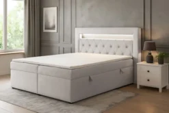 Łóżko kontynentalne 180x200 cm Goldess z pojemnikami i oświetleniem LED szarobeżowe welwet