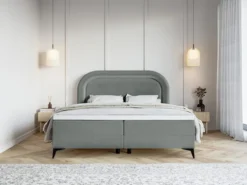 Łóżko kontynentalne 140x200 cm Loreo z topperem i pojemnikami szare welur hydrofobowy