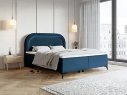 Łóżko kontynentalne 180x200 cm Loreo z topperem i pojemnikami granatowe welur hydrofobowy