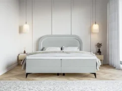 Łóżko kontynentalne 180x200 cm Loreo z topperem i pojemnikami gołębie welur hydrofobowy