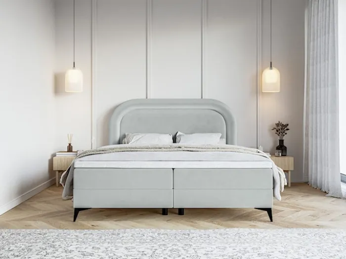 Łóżko kontynentalne 180x200 cm Loreo z topperem i pojemnikami gołębie welur hydrofobowy