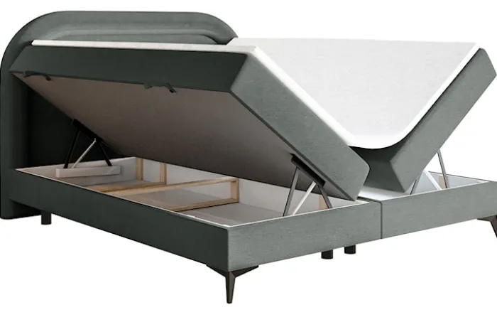 Łóżko kontynentalne 180x200 cm Loreo z topperem i pojemnikami szare welur hydrofobowy