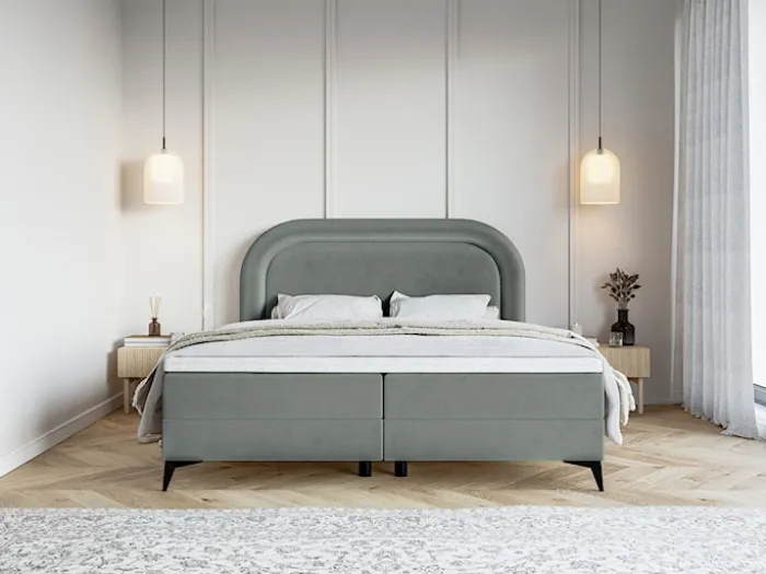 Łóżko kontynentalne 180x200 cm Loreo z topperem i pojemnikami szare welur hydrofobowy