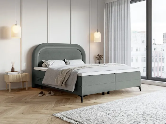Łóżko kontynentalne 180x200 cm Loreo z topperem i pojemnikami szare welur hydrofobowy