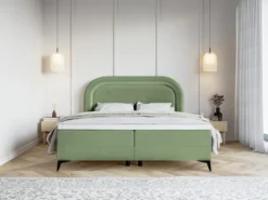 Łóżko kontynentalne 180x200 cm Loreo z topperem i pojemnikami eukaliptusowe welur hydrofobowy