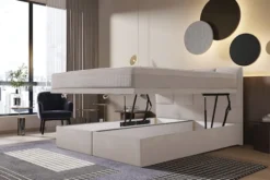 Łóżko kontynentalne 180x200 cm Mercatale z pojemnikami kremowy welur