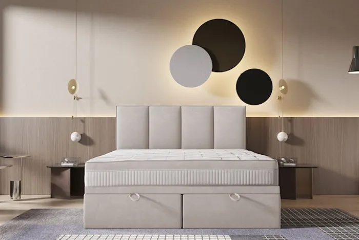 Łóżko kontynentalne 180x200 cm Mercatale z pojemnikami kremowy welur
