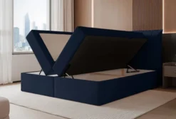 Łóżko kontynentalne 140x200 cm Moly z materacem bonellowym i topperem granatowe welur hydrofobowy
