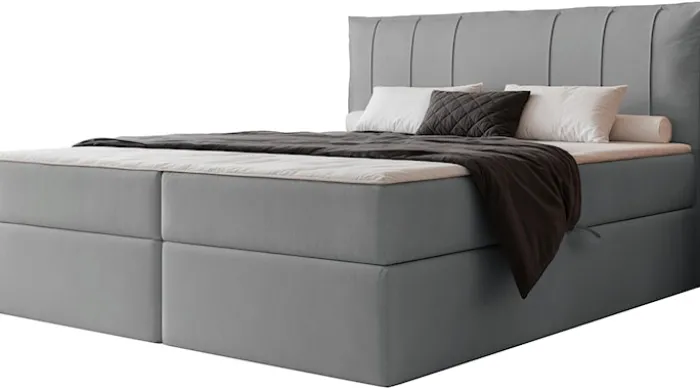 Łóżko kontynentalne 160x200 cm Moly z materacem bonellowym i topperem szare welur hydrofobowy