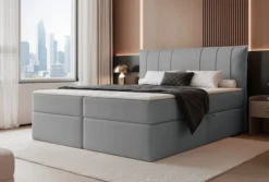 Łóżko kontynentalne 180x200 cm Moly z materacem bonellowym i topperem szare welur hydrofobowy