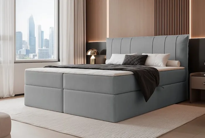 Łóżko kontynentalne 180x200 cm Moly z materacem bonellowym i topperem szare welur hydrofobowy