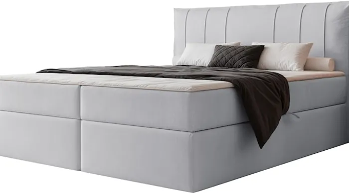 Łóżko kontynentalne 180x200 cm Moly z materacem bonellowym i topperem jasnoszare welur hydrofobowy