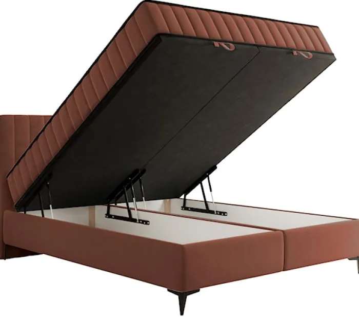 Łóżko kontynentalne 160x200 cm Mufasso z pojemnikiem miedziane welur hydrofobowy