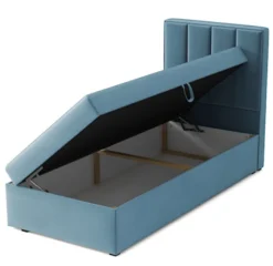 Łóżko kontynentalne 90x200 cm Rinus z pojemnikiem błękitne welur hydrofobowy lewostronne
