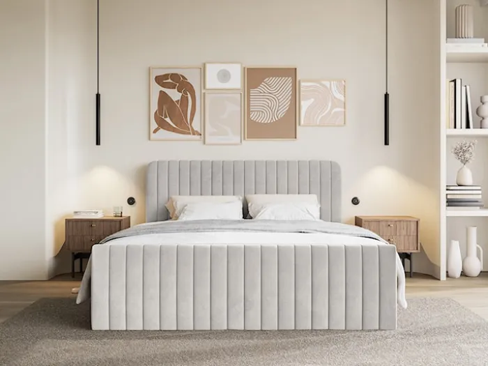 Łóżko kontynentalne 140x200 cm Saliano z pojemnikami i topperem szarobeżowe welur