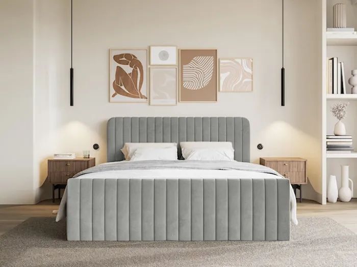 Łóżko kontynentalne 140x200 cm Saliano z pojemnikami i topperem szare welur