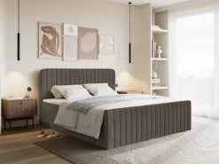 Łóżko kontynentalne 140x200 cm Saliano z pojemnikami i topperem brązowe welur