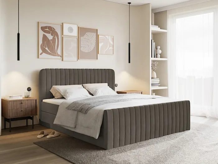 Łóżko kontynentalne 140x200 cm Saliano z pojemnikami i topperem brązowe welur