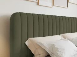 Łóżko kontynentalne 140x200 cm Saliano z pojemnikami i topperem oliwkowe welur