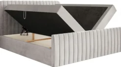 Łóżko kontynentalne 160x200 cm Saliano z pojemnikami i topperem szarobeżowe welur