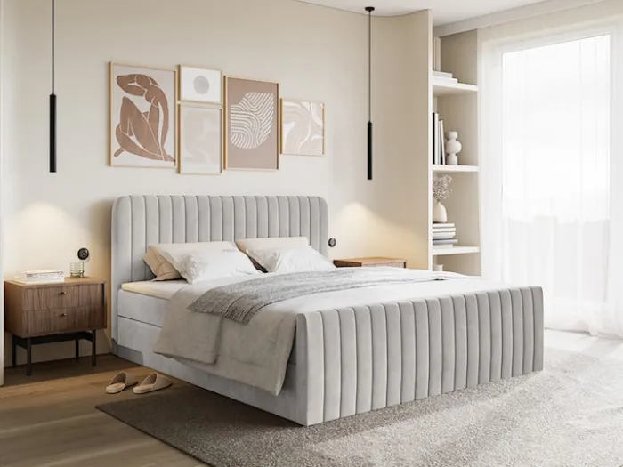 Łóżko kontynentalne 180x200 cm Saliano z pojemnikami i topperem szarobeżowe welur
