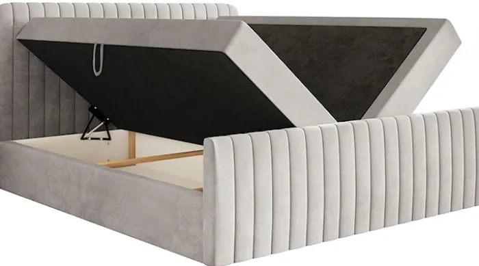 Łóżko kontynentalne 180x200 cm Saliano z pojemnikami i topperem szarobeżowe welur