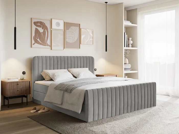 Łóżko kontynentalne 180x200 cm Saliano z pojemnikami i topperem szare welur