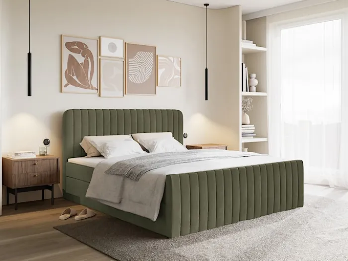 Łóżko kontynentalne 200x200 cm Saliano z pojemnikami i topperem oliwkowe welur