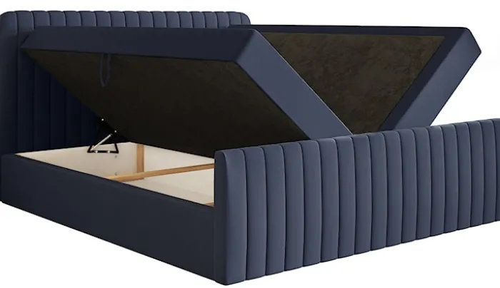 Łóżko kontynentalne 140x200 cm Saliano z pojemnikami i topperem granatowe szenil hydrofobowy