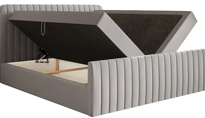 Łóżko kontynentalne 160x200 cm Saliano z pojemnikami i topperem szarobeżowe szenil hydrofobowy