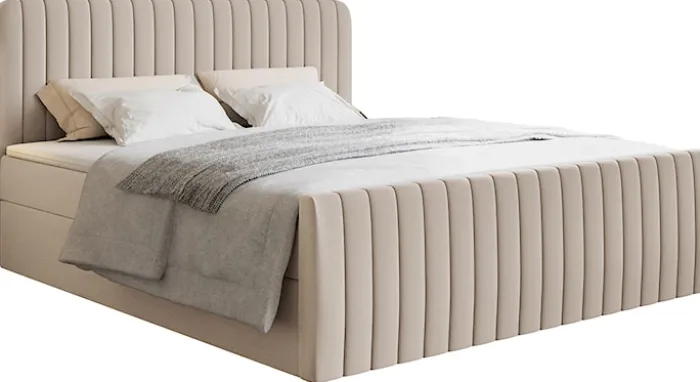 Łóżko kontynentalne 200x200 cm Saliano z pojemnikami i topperem beżowe szenil hydrofobowy