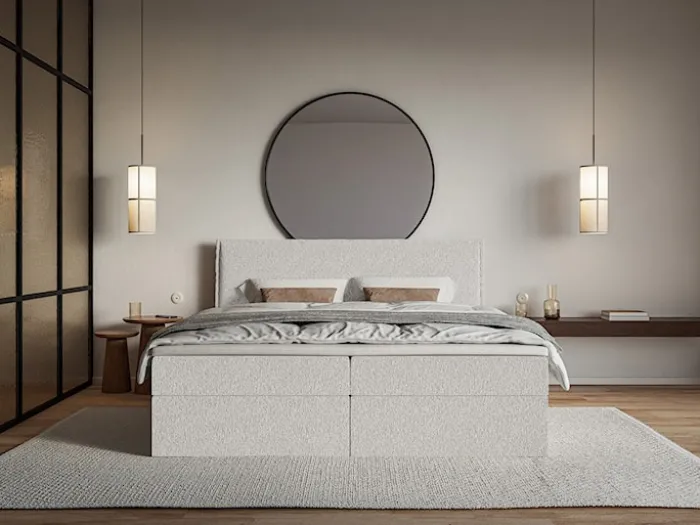 Łóżko kontynentalne 140x200 cm Softie z pojemnikami i topperem jasnoszare szenil