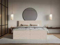 Łóżko kontynentalne 140x200 cm Softie z pojemnikami i topperem jasnobeżowe szenil