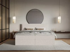 Łóżko kontynentalne 140x200 cm Softie z pojemnikami i topperem beżowe szenil
