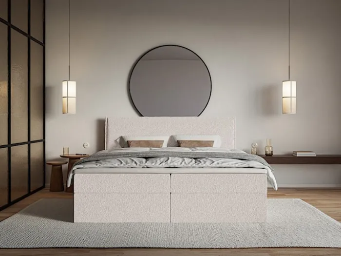 Łóżko kontynentalne 140x200 cm Softie z pojemnikami i topperem beżowe szenil