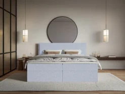 Łóżko kontynentalne 160x200 cm Softie z pojemnikami i topperem błękitne szenil