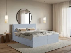 Łóżko kontynentalne 160x200 cm Softie z pojemnikami i topperem błękitne szenil