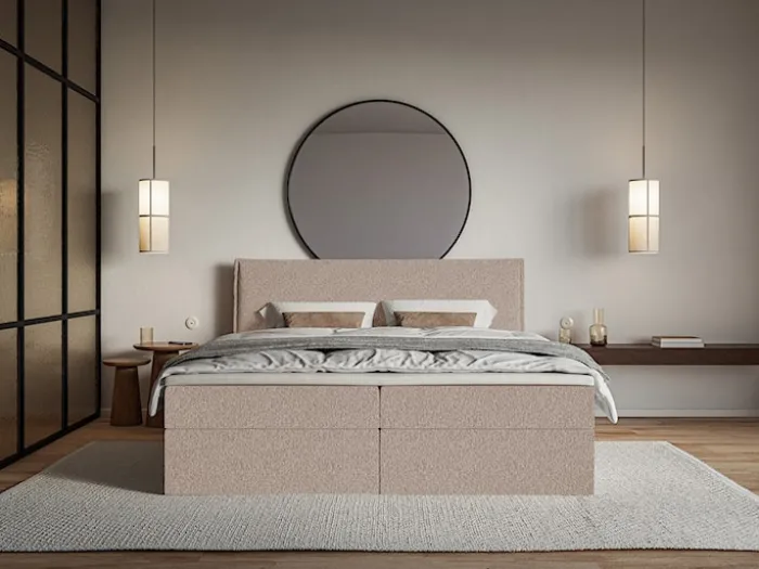 Łóżko kontynentalne 160x200 cm Softie z pojemnikami i topperem ciemnobeżowe szenil