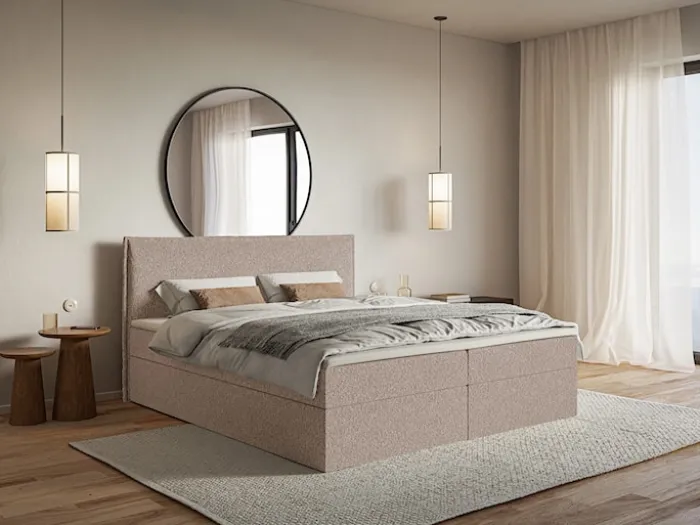 Łóżko kontynentalne 160x200 cm Softie z pojemnikami i topperem ciemnobeżowe szenil