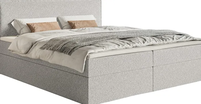 Łóżko kontynentalne 180x200 cm Softie z pojemnikami i topperem jasnoszare szenil