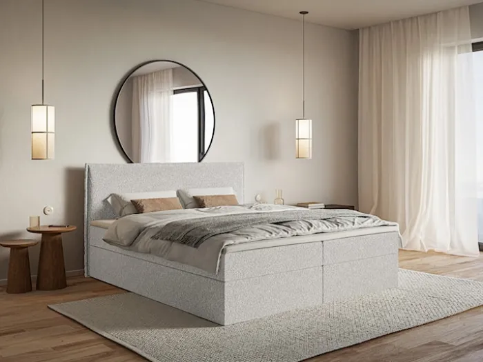 Łóżko kontynentalne 180x200 cm Softie z pojemnikami i topperem jasnoszare szenil