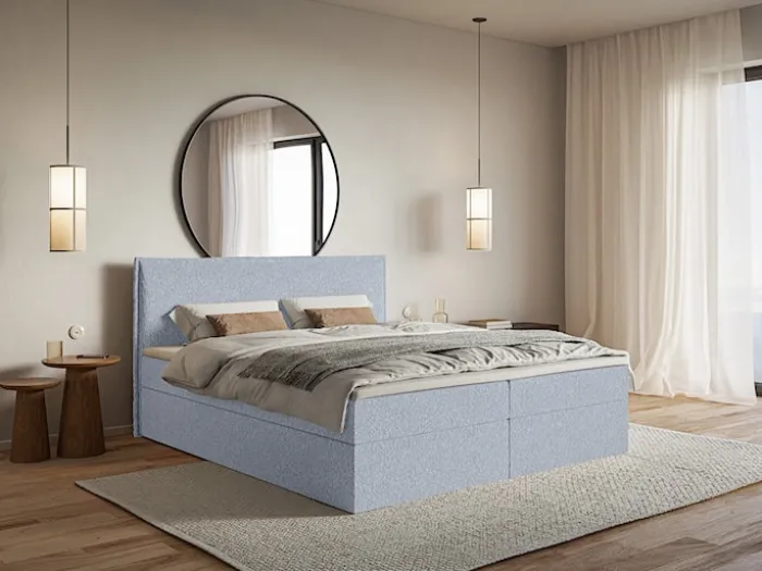 Łóżko kontynentalne 180x200 cm Softie z pojemnikami i topperem błękitne szenil